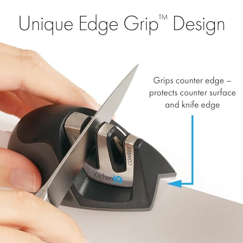 KitchenIQ 50009 Edge Grip 2-Stage Knife Sharpener, Black, Coarse & Fine Sharpeners, Compact for Easy Storage, Stable Non-Slip Base, Soft Grip Rubber Handle, Straight & Serrated Knives