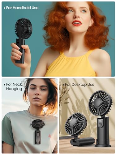 Warmco Portable Handheld Fan, 5000mAh Battery Operated Fan with LED Display, Hand Held/Neck/Desk 3 in 1 Small Personal Mini Fan 180° Foldable USB Rechargeable Fan for Travel,Outdoor,Home,Office,Makeup