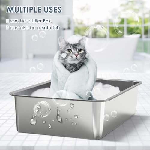 2 Pack 23.6" x 15.7" x 6" Deep & Extra Large Stainless Steel Cat Litter Boxes, High Sides Metal Cat Litter Box for Multi-Cats Big Cats XL Metal Litter Pan Tray, Non-Sticky, Easy Cleaning