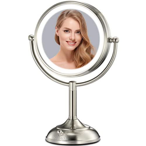 VESAUR 10" Extra Large 17" Tall Lighted Makeup Mirror, 1X/5X Undistorted Magnifying Vanity Mirror with 3 Colors Dimmable Lights, 96 Premium LEDs, 360° Rotation Luxurious Nickel Table Mirror, Gift Box