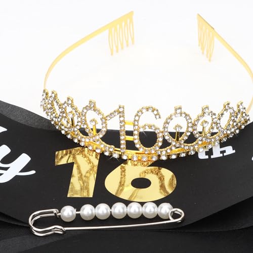 CAVETEE Gold 16th Birthday Sash and Tiara, 16th Birthday Crown and It's My 16th Birthday Sash for Girls Kit Birthday Decoration 16th Birthday Party Gifts