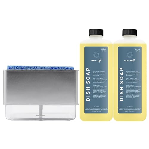 Countertop Liquid Dish Soap Dispenser with Sponge Holder + 2 x Refill Liquid Dish Soap Bundle