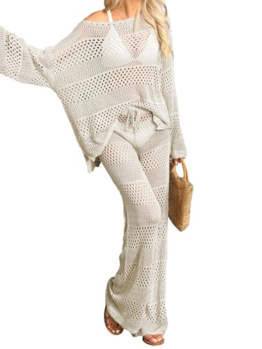 Famulily Womens 2 Piece Crochet Outfits Sexy Hollow Out Cover Up Sets Long Sleeve Tops and Drawstring Long Pants Matching Set Beige S