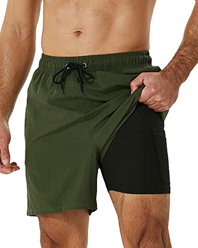 SILKWORLD Mens Swim Trunks with Compression Liner Quick Dry Swim Beach Shorts with Zipper Pockets, Flamingos(Black), Medium