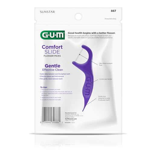 GUM Comfort Slide Floss Picks - Perfect for Tight Teeth - Extra Strong Shred-Resistant Dental Floss, Easy Grip Handle - Dental Flossers for Adults - Fresh Mint Flavor, 90 ct