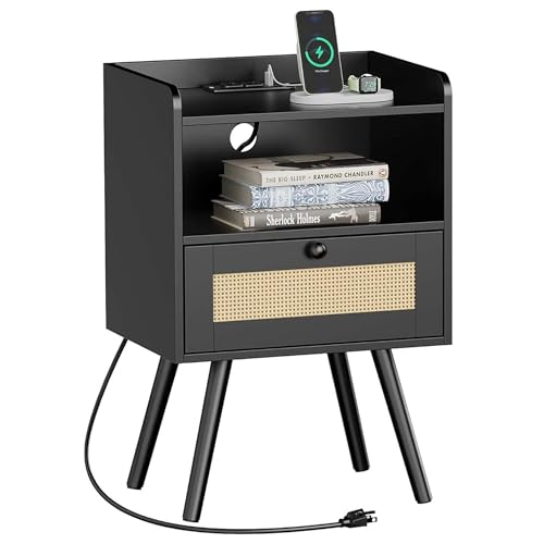 SUPERJARE Nightstand with Charging Station & Rattan-Like Decor Drawer, Rattan End Table with Solid Wood Feet, Bed Side Table with Open Storage, for Bedroom, Living Room, Dormitory - Black - 8021BC