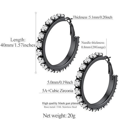 Black Hoops Earrings for Women Stainless Steel Cubic Zirconia Small Round Earrings Trendy Ear Circle Jewelry