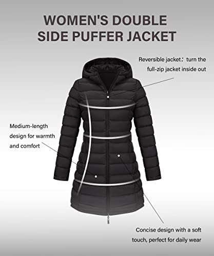 Bellivera Women Puffer Jacket Reversible Spring and Winter Warm Quilted Lightweight Long Hooded Padded Bubble Coat 207 Black S