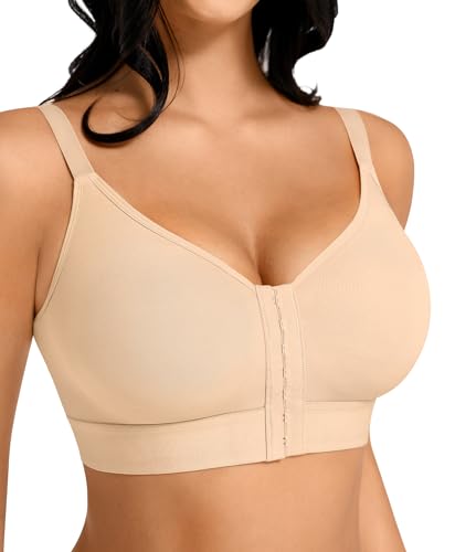 FeelinGirl Post Mastectomy Surgery Compression Minimizer Bra for Women Plus Size Front Closure Surgical Beige S