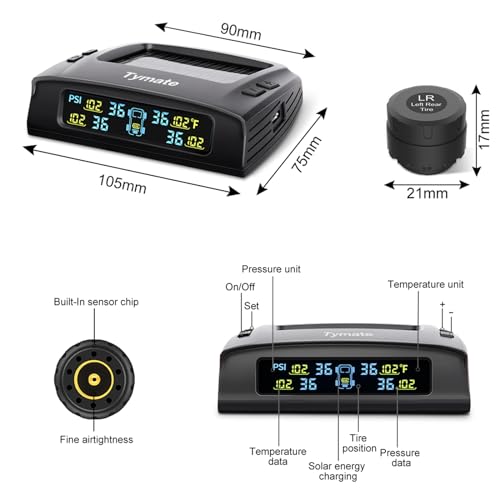 Tymate RV Tire Pressure Monitoring System, Tire Pressure Monitor System with Solar Charge, Trailer TPMS with 4 Sensors & 5 Alarm Modes, M7-3 TPMS - 2024 Updated w/Color LCD Display, 0-87PSI for RV