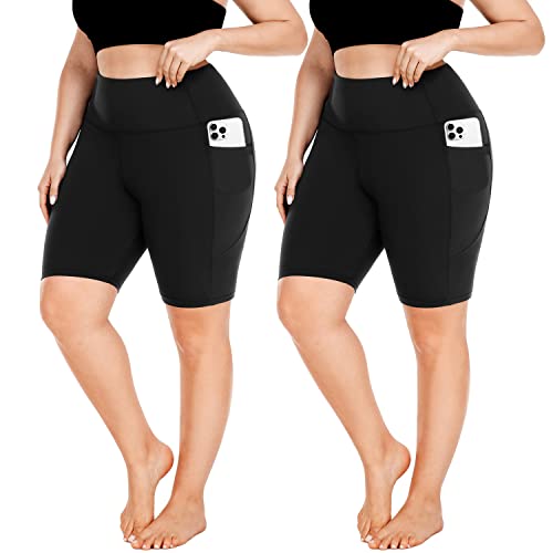 FULLSOFT Plus Size Biker Shorts for Women-High Waist X-Large-4X Tummy Control Womens Shorts with Pockets Leggings Shorts for Yoga Workout(2 Pack Black,X-Large)