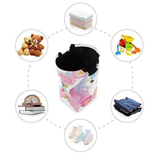 senya Large Storage Basket Collapsible Organizer Bin Laundry Hamper for Nursery Clothes Toys, Unicorn Head in Flowers