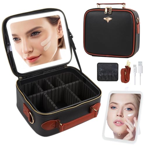 GERYUAEG Travel Makeup Bag with Mirror of LED Lighted, Rechargeable Cosmetic Train Case Artist Makeup Organizer for Women with Adjustable Dividers, Makeup Brushes Holder and Strap (Black)