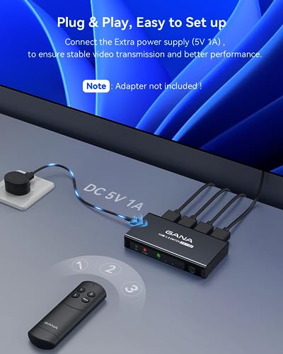 HDMI Switch 3 in 1 Out 4K@60Hz, GANA HDMI Splitter Switcher with Remote, Aluminum HDMI 2.0 Switch Box Hub for 3D, HDCP2.2, HDR, Compatible with Xbox, PS5/4/3,Fire Stick,Roku,Blu-Ray Player, Black