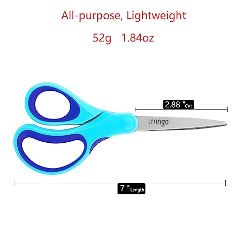 LIVINGO Student Scissors for School: 7 Inch 3 Pack Sharp Pointed Tip Teacher Scissors for Kids Middle High School College Classroom Craft, Comfortable Grip, Right Left Handed, Blue, Green, Yellow