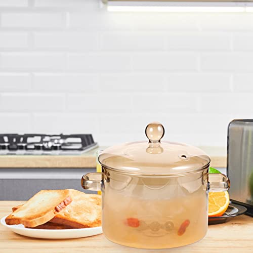 Vaguelly Glass Pot, Clear Glass Cooking Pot Saucepan with Lid, 1500mL Simmer Pot Stew Pot Microwave Stove and Dishwasher Safe Double-Handle Cookware for Milk Pasta Noodles Soup, Amber