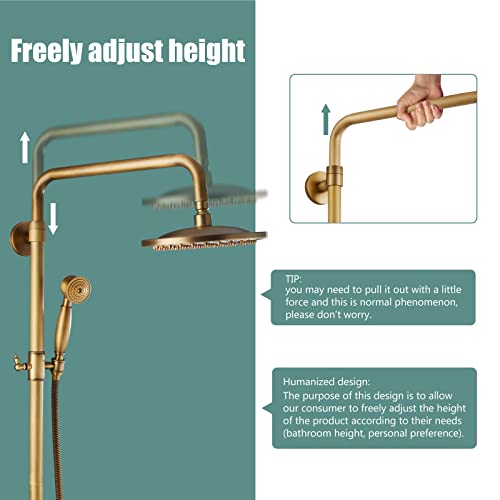 Dual Functions Exposed Pipe Shower System Round 8 Inch Rainfall Shower Head Brass Fixture Combo Set Two Handles Bathroom Shower Faucet Adjustable Showerhead Bar,Antique Brass