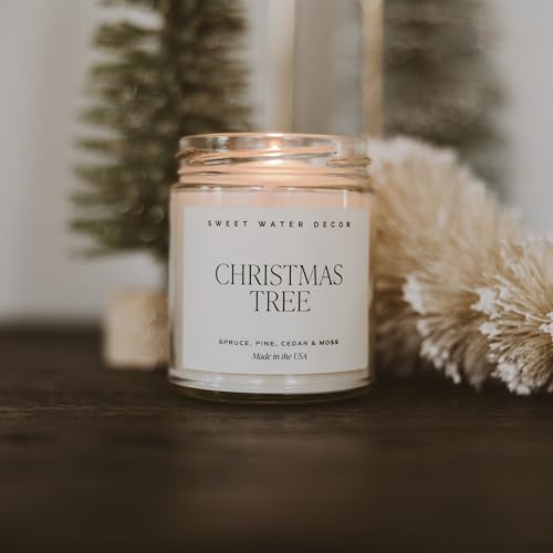 Sweet Water Decor Christmas Tree Candle | Pine Needles, Cedarwood, Cypress, and Evergreen Soy Holiday Scented Candles for Home | 9oz Clear Jar Candle, 40+ Hour Burn Time, Made in the USA