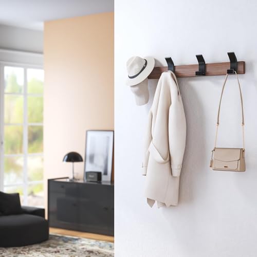 Statiem Coat Rack Wall Mount Coat Hooks, Wooden Black Coat Rack with 4 Hooks Aluminum Wall Hook Rack for Hanging Coat Hat Bag Towel Hanger Rustproof Walnut Wood Coat Holder 15.7 Inches