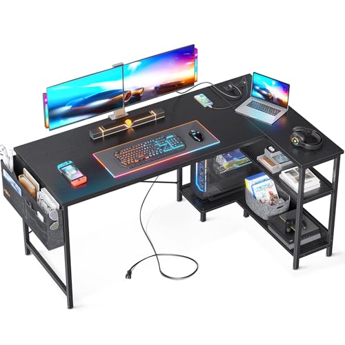 ODK 40 Inch Small L Shaped Gaming Computer Desk with Power Outlets, Reversible Storage Shelves & PC Stand for Home Office, Simple Writing Study Table with Storage Bag for Small Space, Black