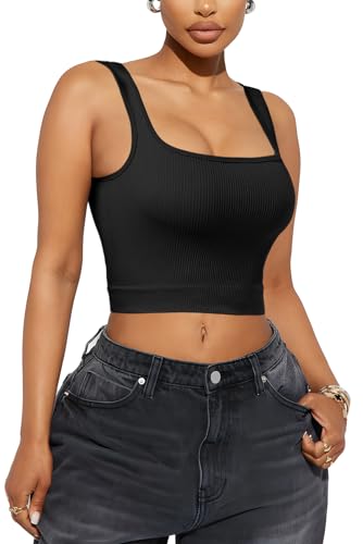 PEIQI Womens Going Out Tank Crop Tops Summer Fashion Outfits Sleeveless Basic Seamless Square Neck Cute Tops Black Small