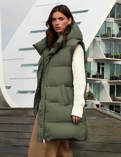 Fiona Jolin Long Puffer Vest Women Hooded Warm Padded Winter Coats Sleeveless Puffy Jackets Outerwear Vests (Apricot-XS)