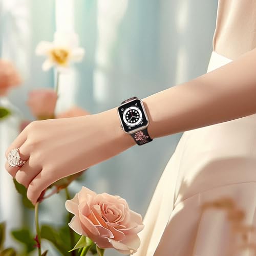Maledan Fancy Engraved Band Compatible with Apple Watch Bands Women 42mm 44mm 49/45mm, Two-tone Silicone Elegant Rose Flower Pattern Sport Strap for iWatch Series 9 8 SE 7 6 5 4 3 2 1 Ultra Wine Red