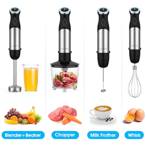 KOIOS Upgraded Immersion Blender Handheld, 1000W 12-Speed 5 in 1 Hand Mixer Stick Blender with 304 Stainless Steel Blade,Food Processor,Beaker,Egg Whisk&Milk Frother,Non-BPA,Smoothies Purée Baby Food