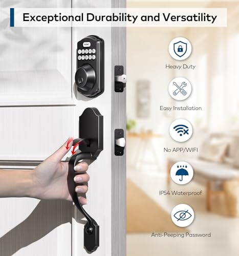 TEEHO Keyless Entry Door Lock Deadbolt with Handle Set- Electronic Digital Keypad Deadbolt - Front Door Lock Set with 2 Keys - Auto Lock - Easy Installation - Matte Black