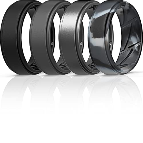 ThunderFit Silicone Wedding Rings for Men Breathable Airflow Inner Grooves, Step Edge Sleek Design Rubber Engagement Bands 8mm Wide 2mm Thick - 1/2/3/4/5/6/7 Variety Multipack