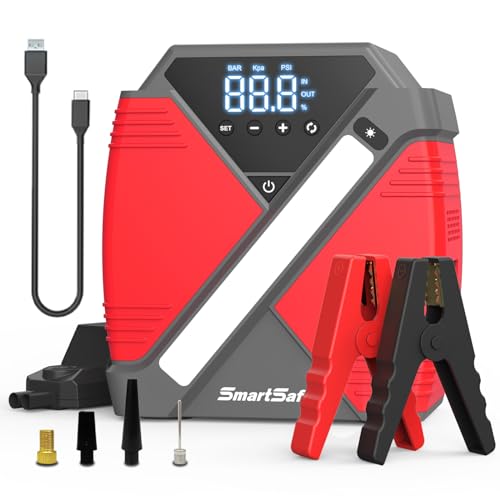 4000A Portable Car Jump Starter with Air Compressor 24000mAh Car Battery Charger 150PSI Tire Inflator with Large Digital Screen, LED Light, QC3.0 Fast Charging Red