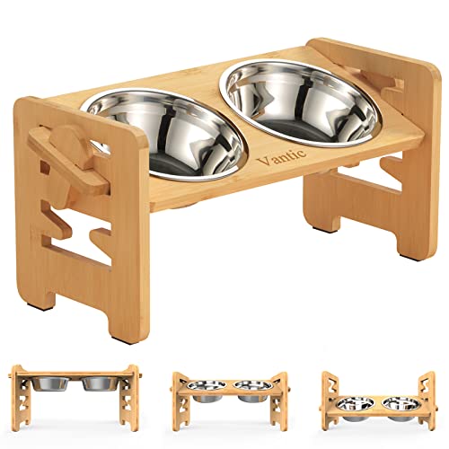 Vantic Elevated Dog Bowls-Adjustable Raised Dog Bowls with Stand for Small Size Dogs and Cats, Sturdy Bamboo Dog Feeder with 2 Stainless Steel Bowls and Non-Slip Feet