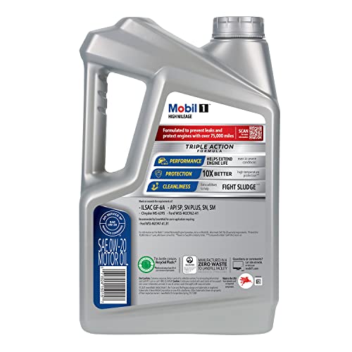 Mobil 1 High Mileage Full Synthetic Motor Oil 0W-20, 5 Quart, Gray