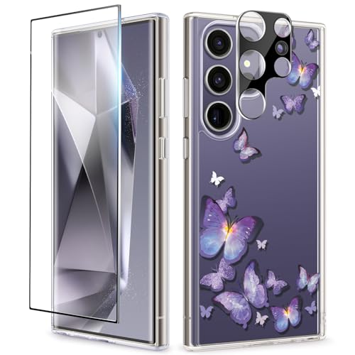 GVIEWIN for Samsung Galaxy S24 Ultra Case with Screen Protector+Camera Protector, [MIL-Grade Drop Protection] Pattern Design Slim Sturdy Shockproof Cell Phone Cover for Women (Peach Blossom/Yellow)