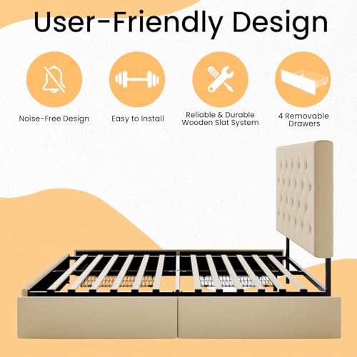 SHA CERLIN Upholstered King Size Platform Bed Frame with 4 Storage Drawers, Adjustable Headboard with Diamond Stitched Button Tufted Design, Wooden Slat Support, No Box Spring Needed, Black