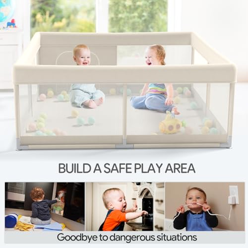 Fodoss Baby Playpen, Upgrade Playpen for Babies and Toddlers, 47x47x26inch Beige Play Pen for Babies with Hand Pulling Ring, Play Pen Center for Kids,Baby Fence,Baby Playards
