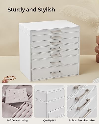 SONGMICS Jewelry Box, 6-Tier Jewelry Organizer, Large Jewelry Case with Big Mirror, 5 Drawers, Large Capacity, Jewelry Storage, Modern Style, Gift for Loved Ones, White UJBC138