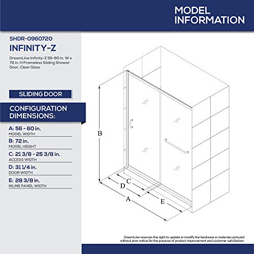 DreamLine Infinity-Z 56-60 in. W x 72 in. H Semi-Frameless Sliding Shower Door, Clear Glass in Brushed Nickel, SHDR-0960720-04