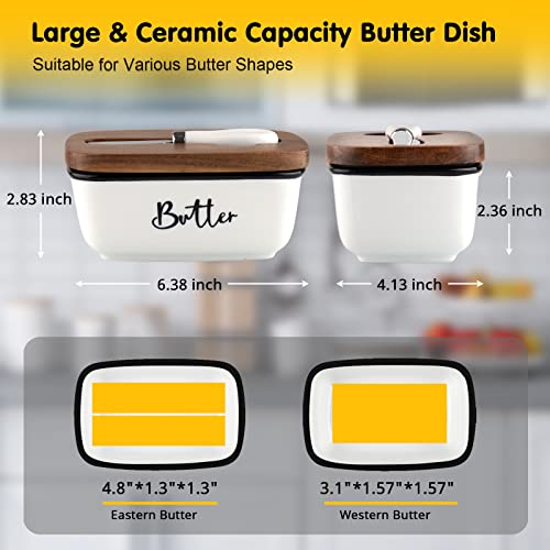 Butter Dish with Lid and Knife for Countertop, Airtight Butter Keeper for Counter or Fridge, Ceramic Butter Container with Thick Acacia Wood Lid, for Farmhouse Kitchen Decor and Accessories, White