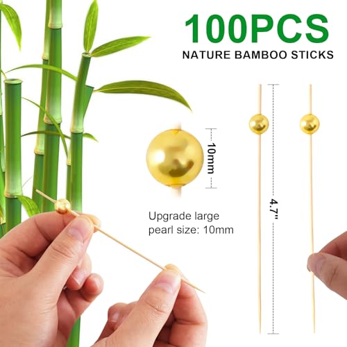 ME.FAN 100 Pcs Cocktail Picks,4.7 Inch Food Toothpicks for Appetizers/Bamboo Cocktail Skewers/Long Toothpicks for Fruit, Dessert, Hamburger - Gold Pearl