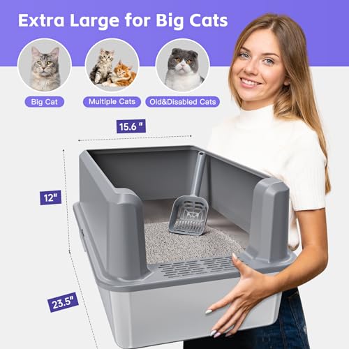 Suitfeel Enclosed Stainless Steel Cat Litter Box with Lid, Odorless XL Metal Litter Box for Big Cats, Extra Large Kitty Litter Box, Easy Clean Steel Litter Box Anti-Leakage, Include Litter Scoop