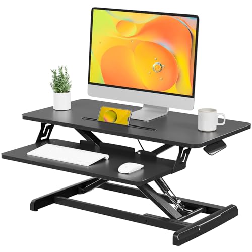 JOY worker Standing Desk Converter, 28" Height Adjustable Sit Stand Up Desk Riser with Keyboard Tray, Desktop Workstation Riser for Home Office Computer Laptop, Black