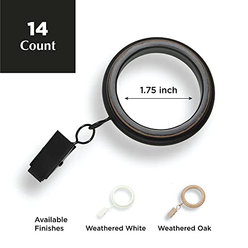MODE Farmhouse Collection Beveled Curtain Clip Rings, Set of 14 Curtain Rings with Clips, Fits MODE Farmhouse Curtain Rod Sets, 1 3/4”, Weathered Black