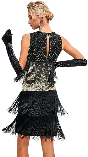 1920s Vintage Inspired Sequin Embellished Fringe Gatsby Flapper Tassel Dress w/ 20s Accessories Set Black Gold