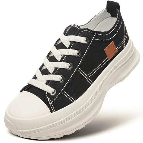 ZGR Womens Low Top Platform Sneakers,White Canvas Sneakers,Casual Platform Tennis Shoes(Black.US5.5)