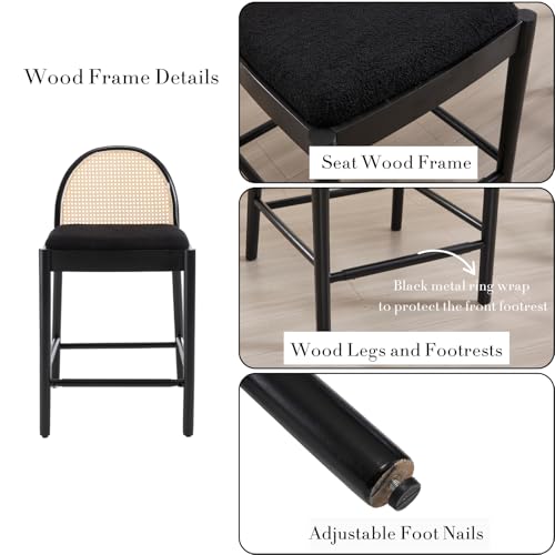 HEAH-YO Rattan Counter Stools Set of 2, 26 Inches Counter Height Bar Stools with Backrests and Wood Legs, Upholstered Sherpa Rattan Kitchen Stool for Island, Black