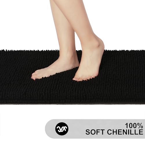Bathroom Rug Mat Non Slip Black Extra Long Bath Mat for Bathroom Floor - Fluffy Soft, Ultra Absorbent and Machine Washable Striped Chenille Noodle Bath Runners Rugs for Bathroom (59" x 20", Black)