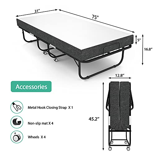 Foxemart Folding Bed with Mattress 75 x 38“ Rollaway Bed Extra Guest Bed with 5 Inch Comfortable Memory Foam Mattress and Super Sturdy Bed Frame with Wheel, Easy to Assemble, Twin Size