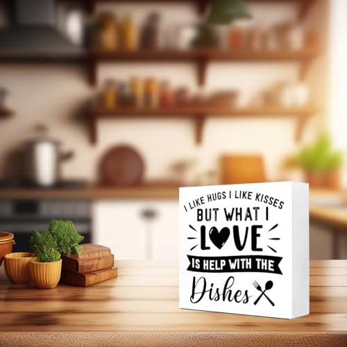 Funny Kitchen Wood Block Signs,I Like Hugs I Like Kissesx Wooden Box Sign for Kitchen Shelf Home Tabletop Desk Decor,Rustic Kitchen Sign Decor