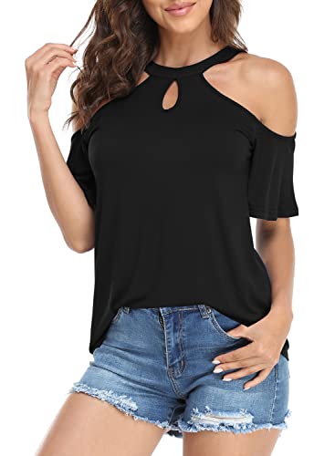 Womens Summer Black Cold Shoulder Tops Sexy Casual Short Sleeve 2024 Trendy Ladies Cute Cut Out Keyhole Halter Going Out T Shirts Blouse S